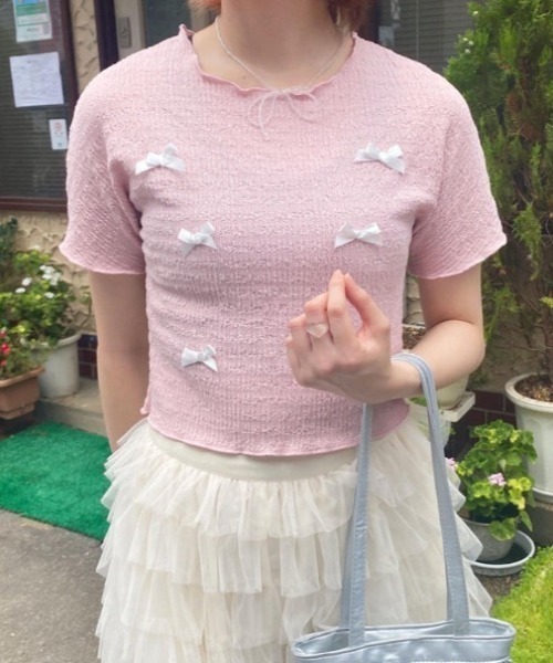 SOLLON.(ソルロン)の「リボンメロウTシャツ(Tシャツ/カットソー・レディース・ホワイト/ピンク・FREE)」の2枚目の写真