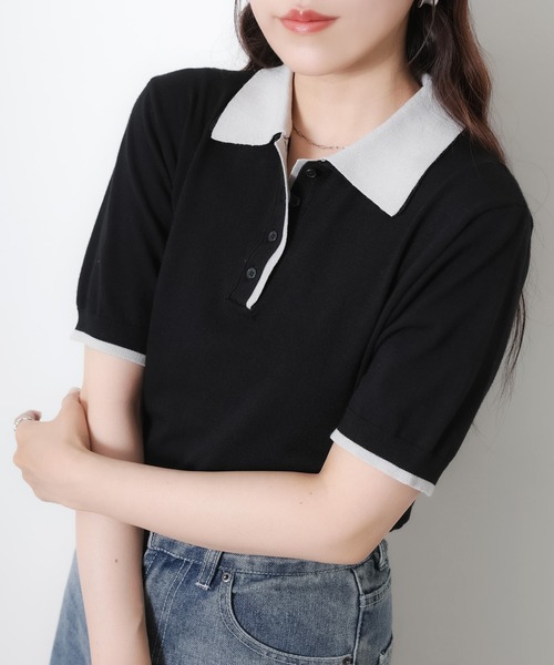 Riberry(リベリー)の「半袖配色ポロニット(ニット/セーター・レディース・ブラック/グレー/アイボリー・FREE)」の20枚目の写真