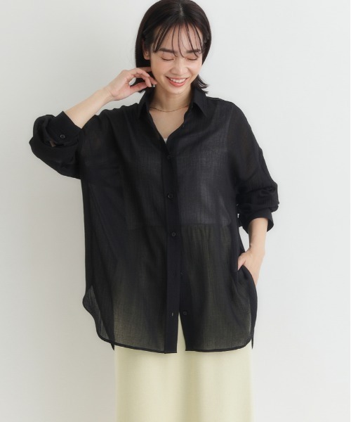 Right-on(ライトオン)の「HONEYSUCKLE ROSE(ハニーサックルローズ)シアービッグシャツ(シャツ/ブラウス・レディース・ブラック/ブラウン/グリーン/イエロー/オフホワイト/サックスブルー・M/L/S)」の18枚目の写真