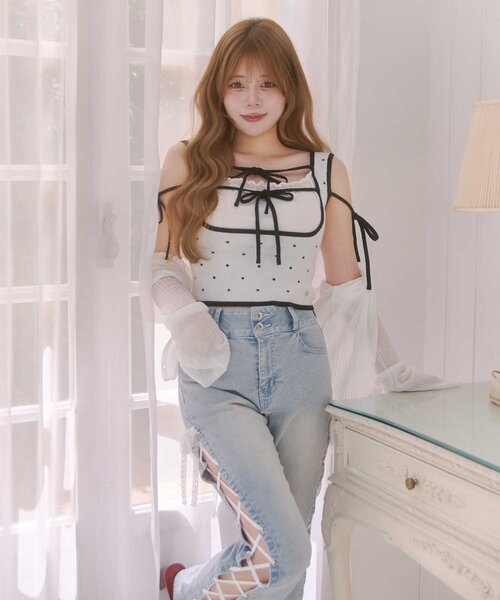 OLIVE des OLIVE(オリーブデオリーブ)の「【Belle Charme】Double Ribbon Knit Tank(タンクトップ・レディース・ブラック/ベージュ/オフホワイト・FREE)」の15枚目の写真
