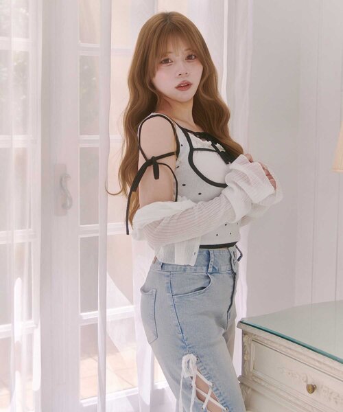 OLIVE des OLIVE(オリーブデオリーブ)の「【Belle Charme】Double Ribbon Knit Tank(タンクトップ・レディース・ブラック/ベージュ/オフホワイト・FREE)」の18枚目の写真