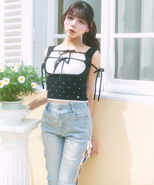 OLIVE des OLIVE(オリーブデオリーブ)の「【Belle Charme】Double Ribbon Knit Tank(タンクトップ・レディース・ブラック/ベージュ/オフホワイト・FREE)」の21枚目の写真