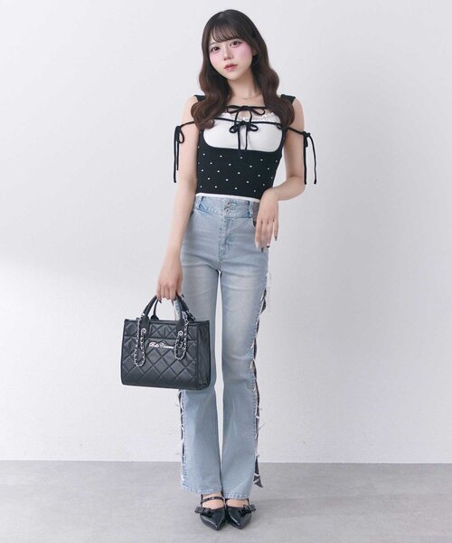 OLIVE des OLIVE(オリーブデオリーブ)の「【Belle Charme】Double Ribbon Knit Tank(タンクトップ・レディース・ブラック/ベージュ/オフホワイト・FREE)」の8枚目の写真
