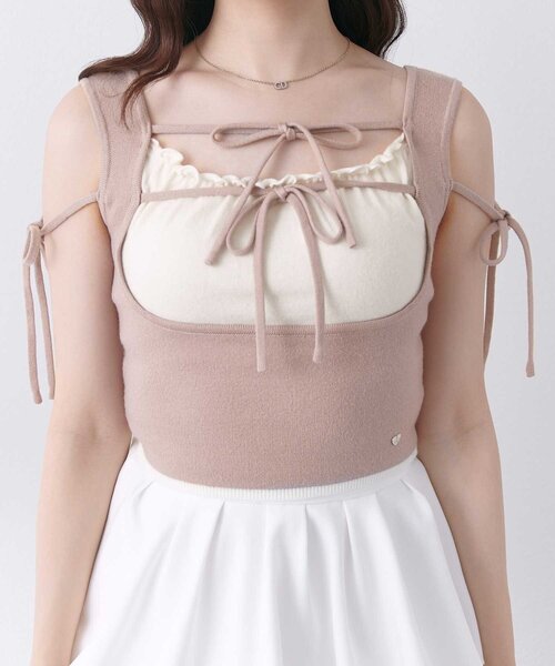 OLIVE des OLIVE(オリーブデオリーブ)の「【Belle Charme】Double Ribbon Knit Tank(タンクトップ・レディース・ブラック/ベージュ/オフホワイト・FREE)」の4枚目の写真