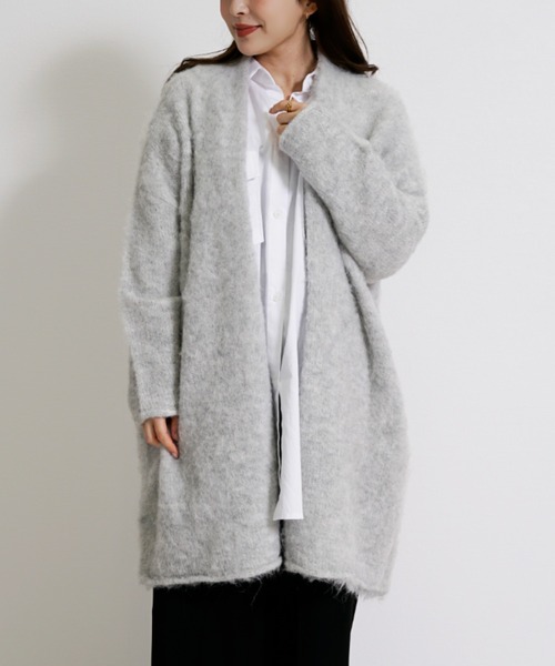 CHhdmn(シーエイチヒデモン)の「アルパカ混 ヘアリーニット ショールカラー ガウン/カーディガン(カーディガン/ボレロ・レディース・ベージュ/ブラック/ライトグレー・FREE)」の21枚目の写真