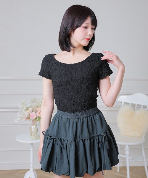 Anely(アネリー)の「Anely ツイスト オープンカット シャーリング 半袖 トップス(Tシャツ/カットソー・レディース・アイボリー/ピンク/ブラック・FREE)」の7枚目の写真