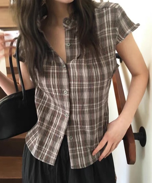 LYEON（リヨン）の「キャップスリーブチェックシャツ（シャツ/ブラウス・レディース・ネイビー/ブラウン/キャメル・FREE）」の15枚目の写真
