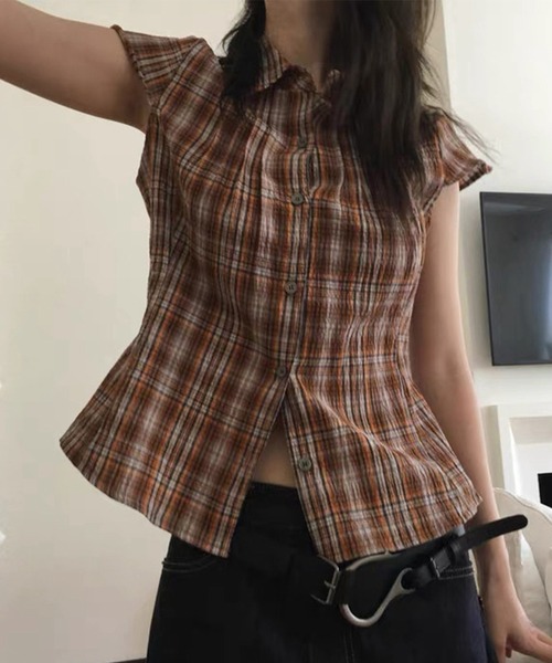 LYEON（リヨン）の「キャップスリーブチェックシャツ（シャツ/ブラウス・レディース・ネイビー/ブラウン/キャメル・FREE）」の20枚目の写真