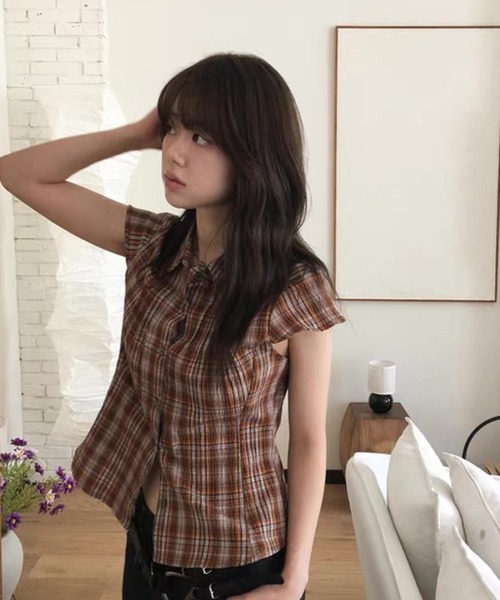 LYEON（リヨン）の「キャップスリーブチェックシャツ（シャツ/ブラウス・レディース・ネイビー/ブラウン/キャメル・FREE）」の12枚目の写真