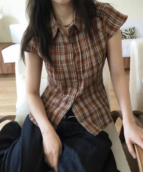 LYEON（リヨン）の「キャップスリーブチェックシャツ（シャツ/ブラウス・レディース・ネイビー/ブラウン/キャメル・FREE）」の14枚目の写真