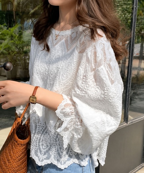 セール】透け感でつくる、大人の抜け感。 シアーレースボリューム袖