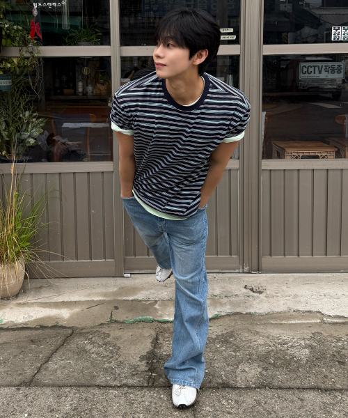 MINDBRIDGE（マインドブリッジ）の「[ON]マルチストライプクロップ半袖Tシャツ - 2カラー（Tシャツ/カットソー・メンズ・ネイビー/グレー・100/110/95/105）」の3枚目の写真