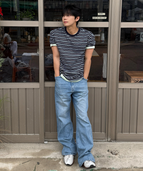 MINDBRIDGE（マインドブリッジ）の「[ON]マルチストライプクロップ半袖Tシャツ - 2カラー（Tシャツ/カットソー・メンズ・ネイビー/グレー・100/110/95/105）」の4枚目の写真