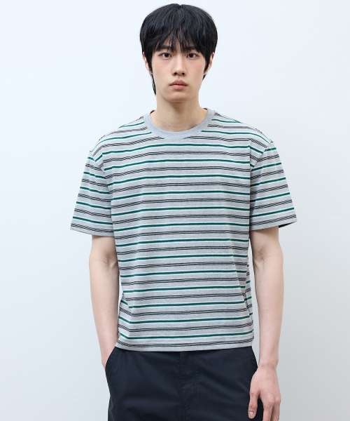 MINDBRIDGE（マインドブリッジ）の「[ON]マルチストライプクロップ半袖Tシャツ - 2カラー（Tシャツ/カットソー・メンズ・ネイビー/グレー・100/110/95/105）」の8枚目の写真