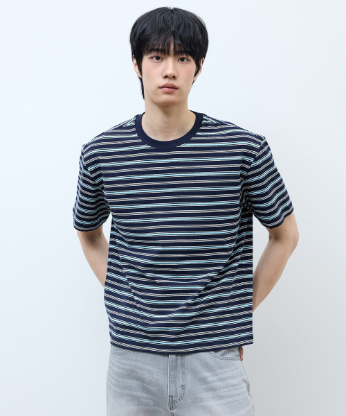 MINDBRIDGE（マインドブリッジ）の「[ON]マルチストライプクロップ半袖Tシャツ - 2カラー（Tシャツ/カットソー・メンズ・ネイビー/グレー・100/110/95/105）」の9枚目の写真