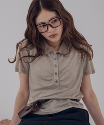 sheer stripe gathered polo top / シアーボーダーギャザーポロ