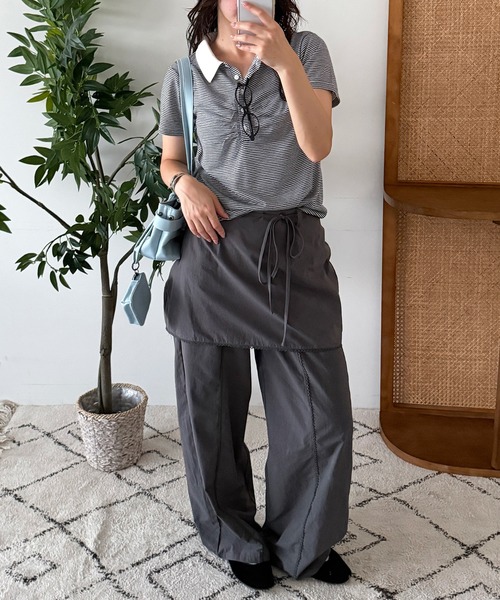 MUHET（ミュエータ）の「sheer stripe gathered polo top / シアーボーダーギャザーポロ（ポロシャツ・レディース・ブラウン/ネイビー・FREE）」の15枚目の写真