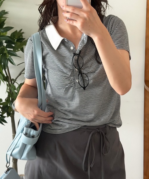 MUHET（ミュエータ）の「sheer stripe gathered polo top / シアーボーダーギャザーポロ（ポロシャツ・レディース・ブラウン/ネイビー・FREE）」の14枚目の写真