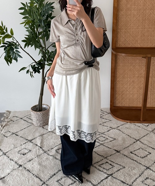 MUHET（ミュエータ）の「sheer stripe gathered polo top / シアーボーダーギャザーポロ（ポロシャツ・レディース・ブラウン/ネイビー・FREE）」の5枚目の写真