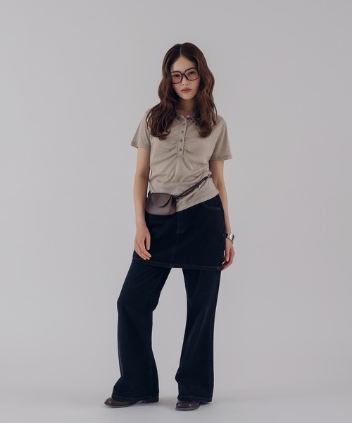 MUHET（ミュエータ）の「sheer stripe gathered polo top / シアーボーダーギャザーポロ（ポロシャツ・レディース・ブラウン/ネイビー・FREE）」の10枚目の写真