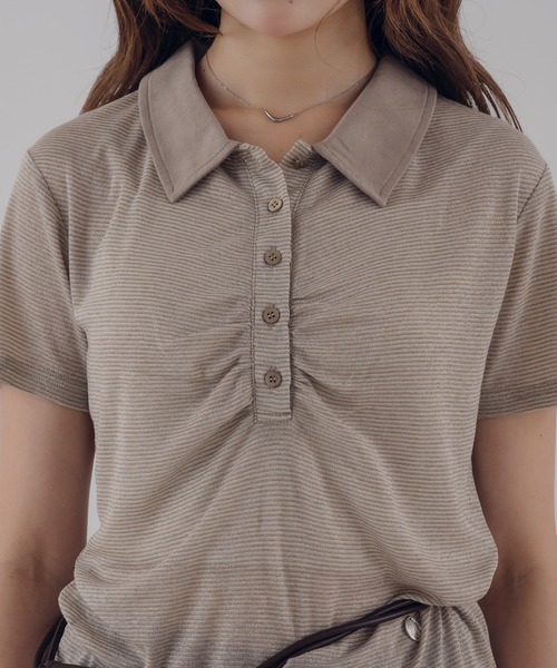MUHET（ミュエータ）の「sheer stripe gathered polo top / シアーボーダーギャザーポロ（ポロシャツ・レディース・ブラウン/ネイビー・FREE）」の9枚目の写真