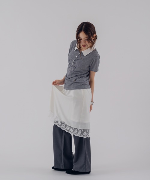 MUHET（ミュエータ）の「sheer stripe gathered polo top / シアーボーダーギャザーポロ（ポロシャツ・レディース・ブラウン/ネイビー・FREE）」の21枚目の写真