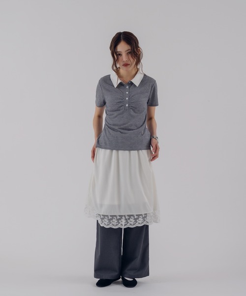 MUHET（ミュエータ）の「sheer stripe gathered polo top / シアーボーダーギャザーポロ（ポロシャツ・レディース・ブラウン/ネイビー・FREE）」の19枚目の写真