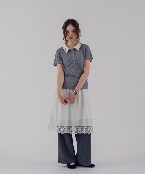 MUHET（ミュエータ）の「sheer stripe gathered polo top / シアーボーダーギャザーポロ（ポロシャツ・レディース・ブラウン/ネイビー・FREE）」の20枚目の写真