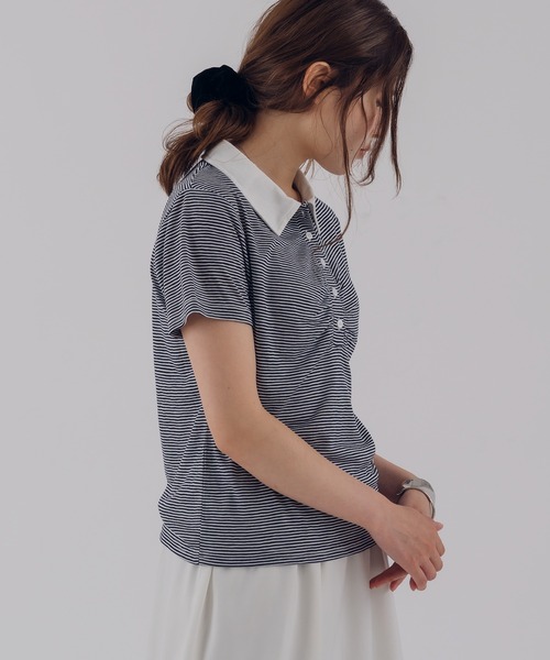 MUHET（ミュエータ）の「sheer stripe gathered polo top / シアーボーダーギャザーポロ（ポロシャツ・レディース・ブラウン/ネイビー・FREE）」の17枚目の写真