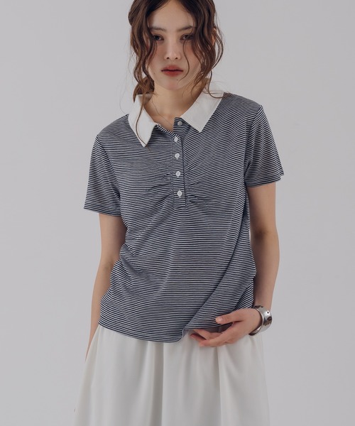 MUHET（ミュエータ）の「sheer stripe gathered polo top / シアーボーダーギャザーポロ（ポロシャツ・レディース・ブラウン/ネイビー・FREE）」の16枚目の写真