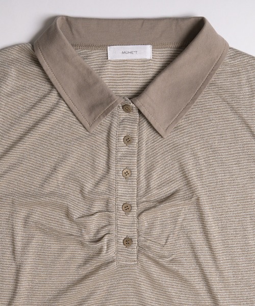 MUHET（ミュエータ）の「sheer stripe gathered polo top / シアーボーダーギャザーポロ（ポロシャツ・レディース・ブラウン/ネイビー・FREE）」の3枚目の写真
