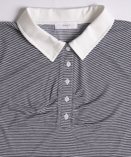 MUHET（ミュエータ）の「sheer stripe gathered polo top / シアーボーダーギャザーポロ（ポロシャツ・レディース・ブラウン/ネイビー・FREE）」の13枚目の写真