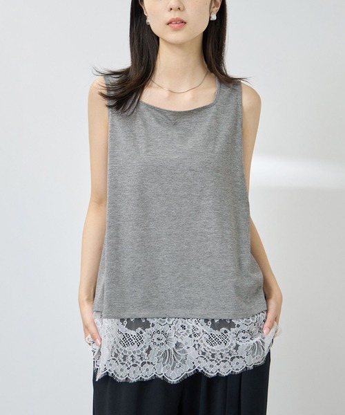 NAVY(ネイビー)の「【SARARI/サラリ】接触冷感 UVカット スクエア ネック裾レース タンクトップ(タンクトップ・レディース・ブラック/ブラウン/グレー/オフホワイト・XL/M/L)」の1枚目の写真