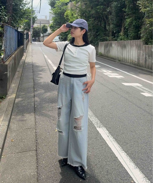 AS KNOW AS plus(アズノゥアズプラス)の「☆シャーリングリボン レイヤードヘンリーネックリブTシャツ(Tシャツ/カットソー・レディース・チャコール/オフホワイト/カモフラージュ・FREE)」の10枚目の写真