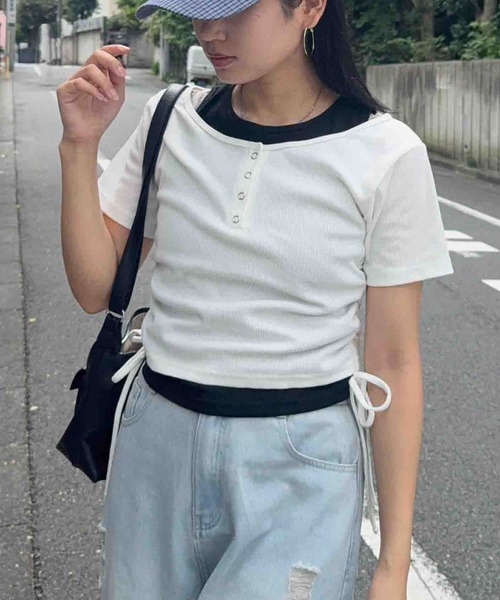 AS KNOW AS plus(アズノゥアズプラス)の「☆シャーリングリボン レイヤードヘンリーネックリブTシャツ(Tシャツ/カットソー・レディース・チャコール/オフホワイト/カモフラージュ・FREE)」の5枚目の写真
