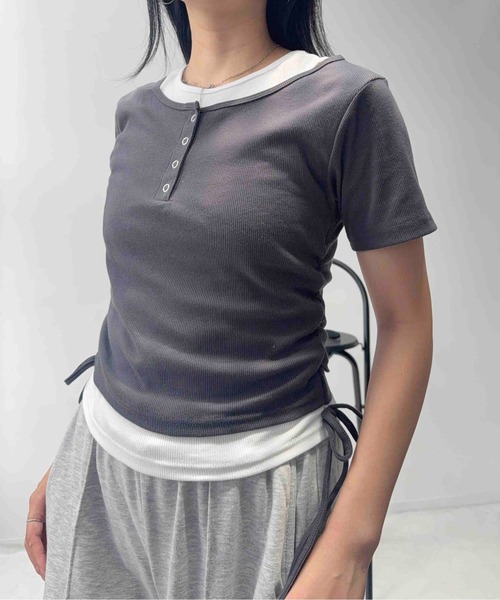 AS KNOW AS plus(アズノゥアズプラス)の「☆シャーリングリボン レイヤードヘンリーネックリブTシャツ(Tシャツ/カットソー・レディース・チャコール/オフホワイト/カモフラージュ・FREE)」の14枚目の写真
