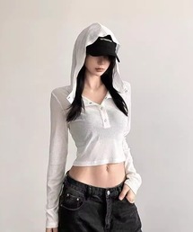 【26年秋冬新作】フード付きシアーヘンリーネックショートロンT