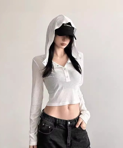 lilful(リルフル)の「【26年秋冬新作】フード付きシアーヘンリーネックショートロンT(Tシャツ/カットソー・レディース・ホワイト・F)」の1枚目の写真