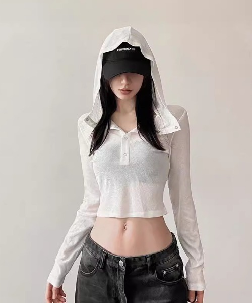 lilful(リルフル)の「【26年秋冬新作】フード付きシアーヘンリーネックショートロンT(Tシャツ/カットソー・レディース・ホワイト・F)」の2枚目の写真