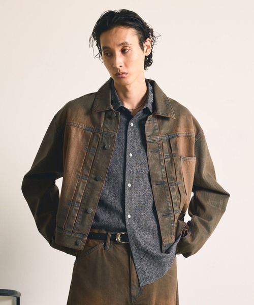 HARE(ハレ)の「【SET UP対応】コーティングデニムブルゾン(HARE)(デニムジャケット・メンズ・ブラック/ブラウン・MEDIUM/SMALL)」の2枚目の写真