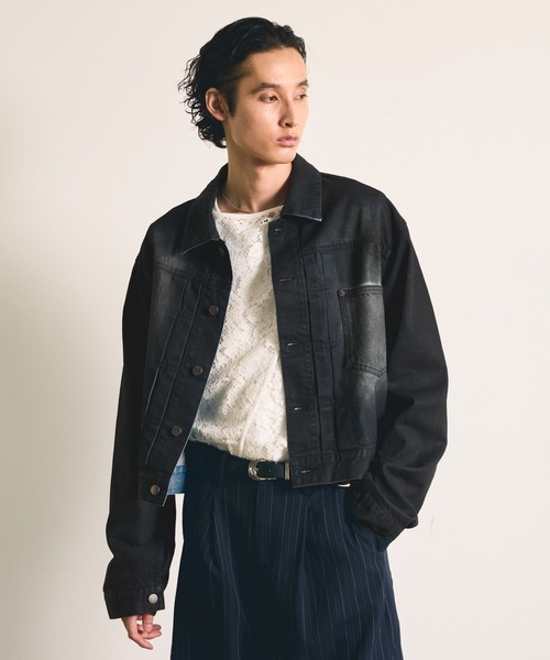 HARE(ハレ)の「【SET UP対応】コーティングデニムブルゾン(HARE)(デニムジャケット・メンズ・ブラック/ブラウン・MEDIUM/SMALL)」の1枚目の写真