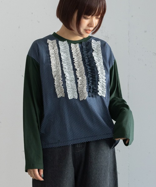 POU DOU DOU(プードゥドゥ)の「異素材ミックスフリルトップス(Tシャツ/カットソー・レディース・ダークグリーン/ネイビー/オフホワイト・3)」の3枚目の写真