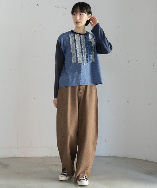 POU DOU DOU(プードゥドゥ)の「異素材ミックスフリルトップス(Tシャツ/カットソー・レディース・ダークグリーン/ネイビー/オフホワイト・3)」の5枚目の写真