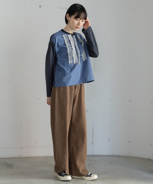 POU DOU DOU(プードゥドゥ)の「異素材ミックスフリルトップス(Tシャツ/カットソー・レディース・ダークグリーン/ネイビー/オフホワイト・3)」の6枚目の写真