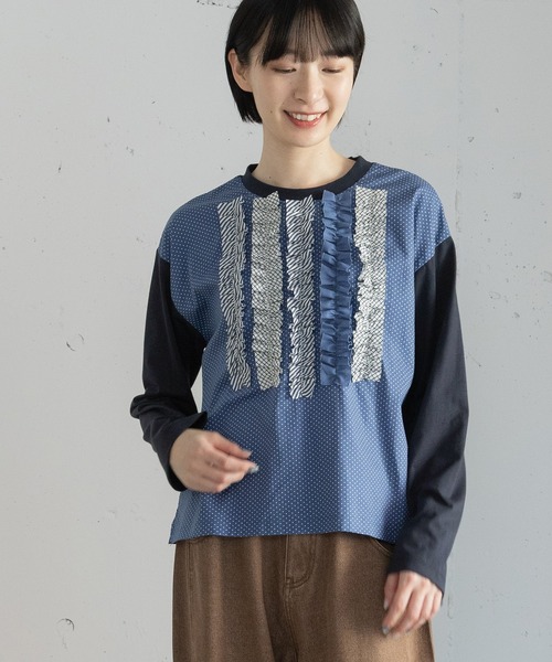 POU DOU DOU(プードゥドゥ)の「異素材ミックスフリルトップス(Tシャツ/カットソー・レディース・ダークグリーン/ネイビー/オフホワイト・3)」の8枚目の写真