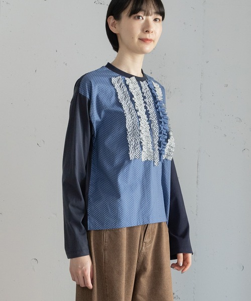 POU DOU DOU(プードゥドゥ)の「異素材ミックスフリルトップス(Tシャツ/カットソー・レディース・ダークグリーン/ネイビー/オフホワイト・3)」の10枚目の写真
