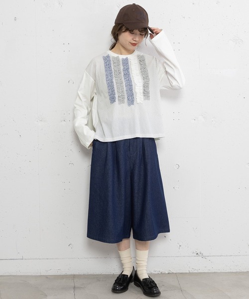 POU DOU DOU(プードゥドゥ)の「異素材ミックスフリルトップス(Tシャツ/カットソー・レディース・ダークグリーン/ネイビー/オフホワイト・3)」の14枚目の写真