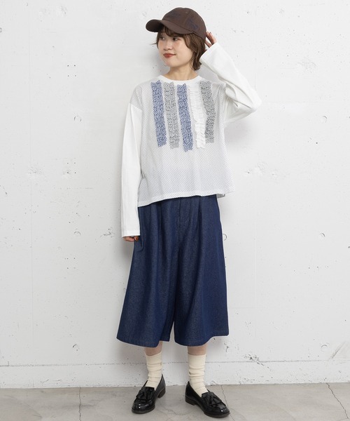 POU DOU DOU(プードゥドゥ)の「異素材ミックスフリルトップス(Tシャツ/カットソー・レディース・ダークグリーン/ネイビー/オフホワイト・3)」の15枚目の写真