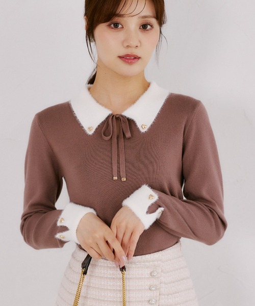 tocco closet(トッコ クローゼット)の「リボン付きフェザー配色ハート釦ニットプルオーバー(ニット/セーター・レディース・アイボリー/ブラウン系その他/ブラック・M)」の3枚目の写真
