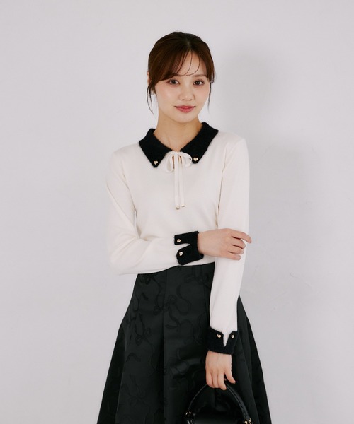 tocco closet(トッコ クローゼット)の「リボン付きフェザー配色ハート釦ニットプルオーバー(ニット/セーター・レディース・アイボリー/ブラウン系その他/ブラック・M)」の6枚目の写真